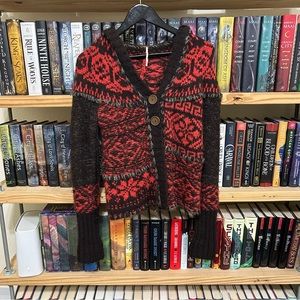 Free People Red and Brown Fair Isle Nordic Wool Hooded Sweater Size  XS